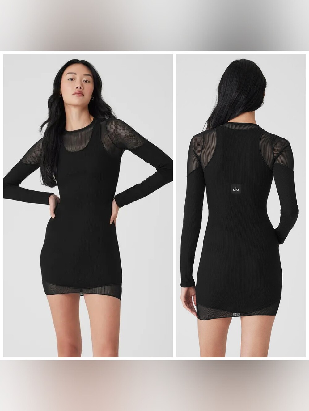 ALO YOGA Striped Mesh Synergy Long Sleeve Mini Dress Black Size XS Bodycon